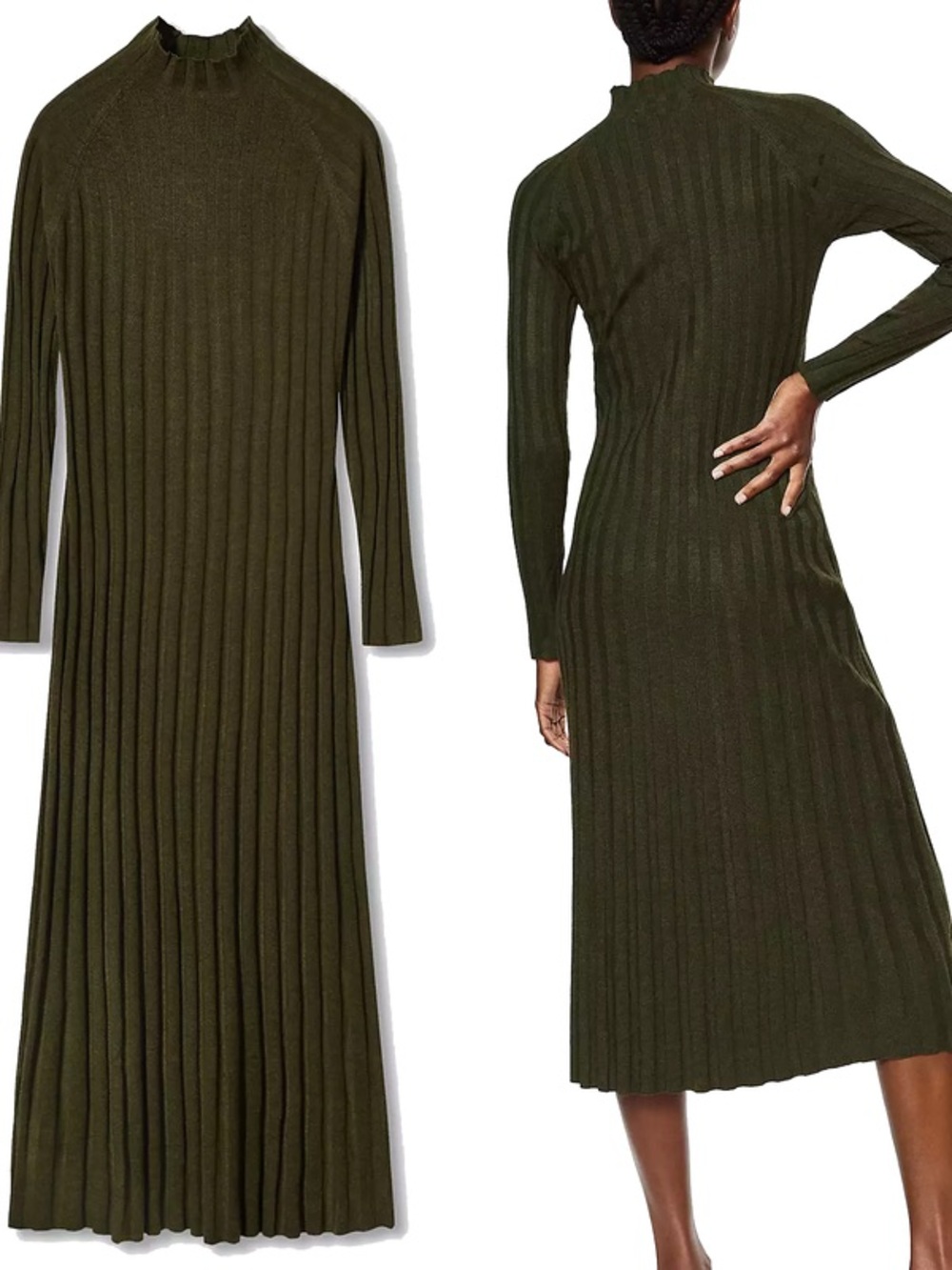 Mango Olive Ribbed Mock-Neck Maxi Dress